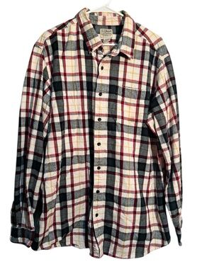L.L. Bean Flannel Button Down Shirt White Green Plaid XLT